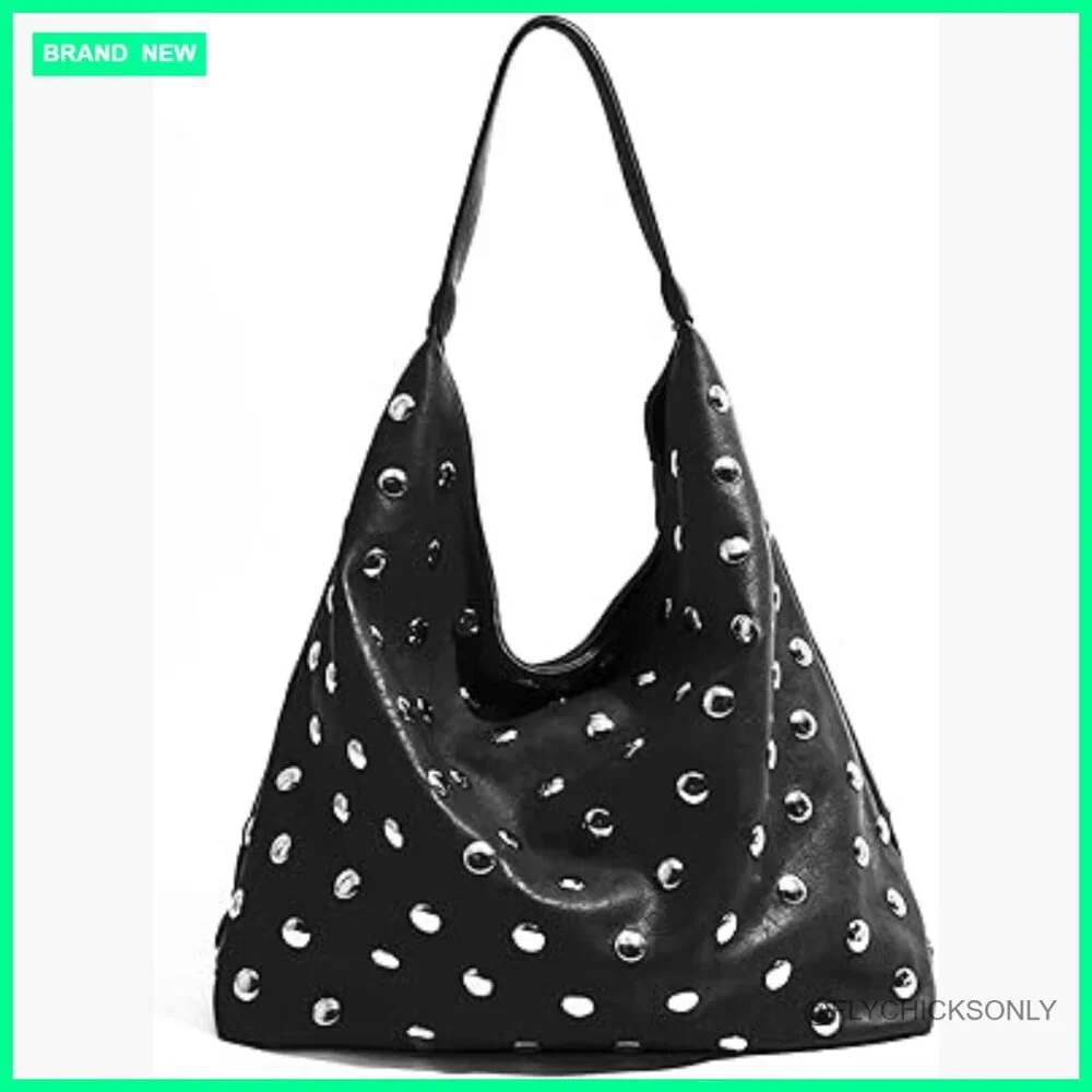 Studded Vegan Leather Hobo Bag Slouchy Shoulder Handbag Tote